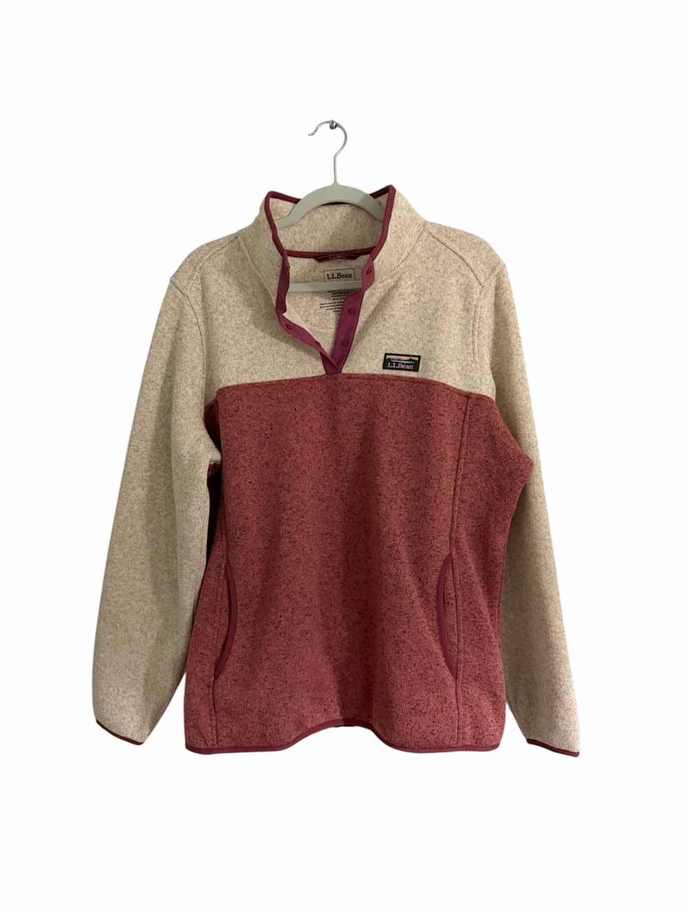 L.L. Bean Two-Tone Cowl Quarter-Snap Fleece Pullover - Cream & Burgundy